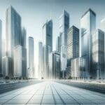 Perspectiva de rascacielos en distrito financiero moderno, ambiente corporativo y tecnológico.