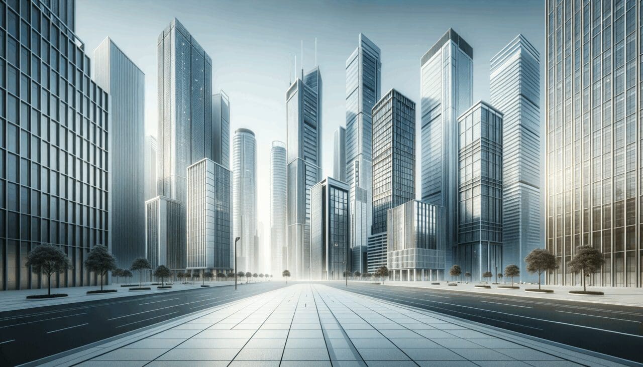 Perspectiva de rascacielos en distrito financiero moderno, ambiente corporativo y tecnológico.