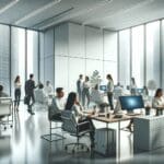 Oficinas modernas con equipos de trabajo colaborando en un entorno tecnológico.