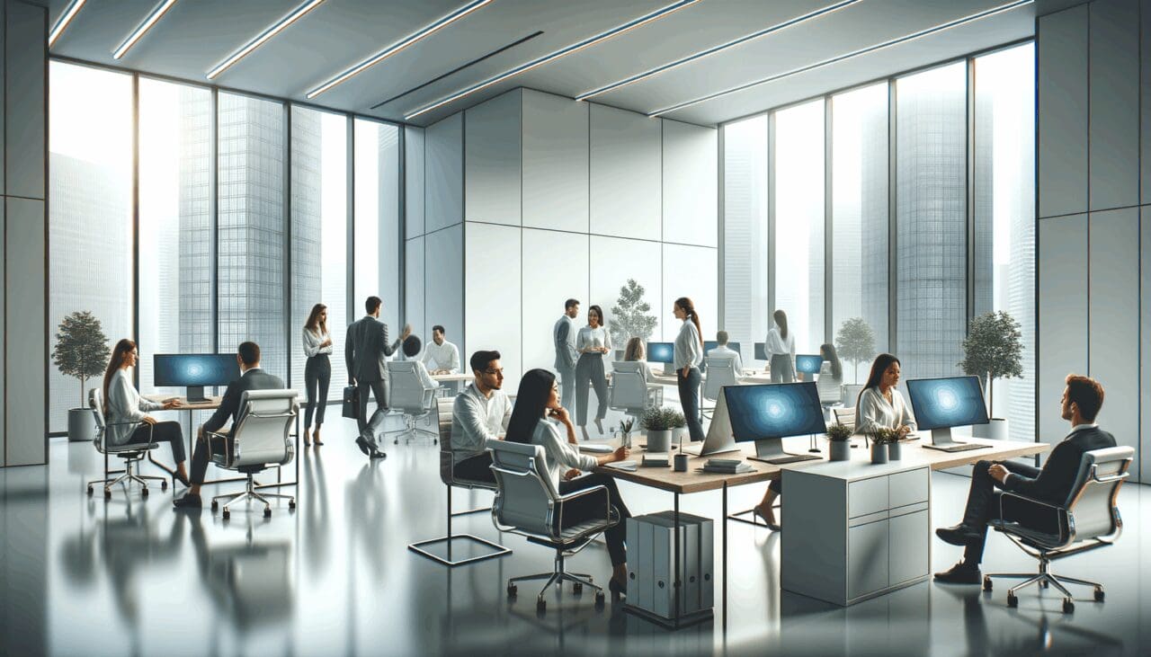 Oficinas modernas con equipos de trabajo colaborando en un entorno tecnológico.