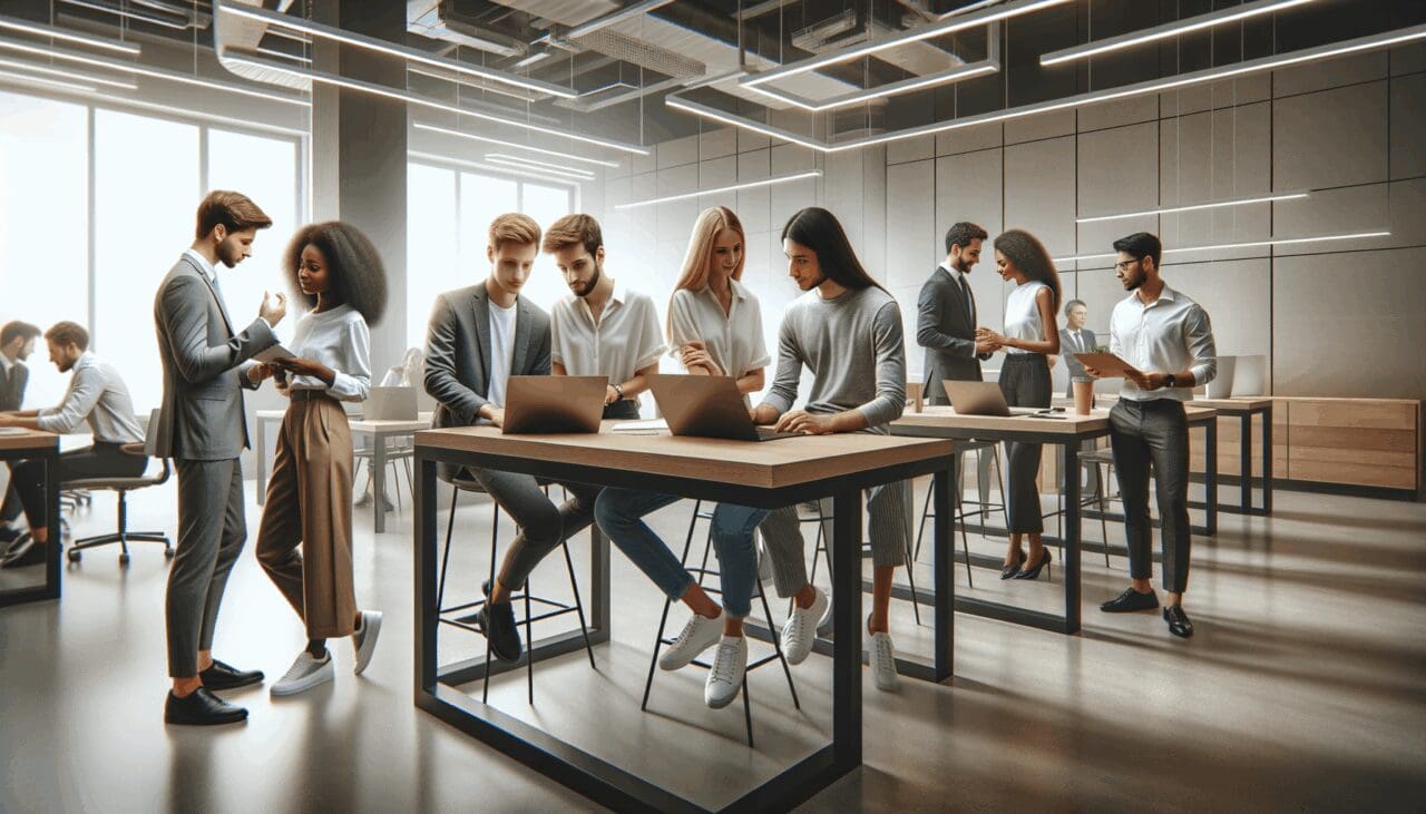 Jóvenes profesionales colaborando en un espacio de coworking tecnológico moderno.