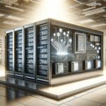 Ilustración digital de servidores y chips de inteligencia artificial en un entorno empresarial moderno.