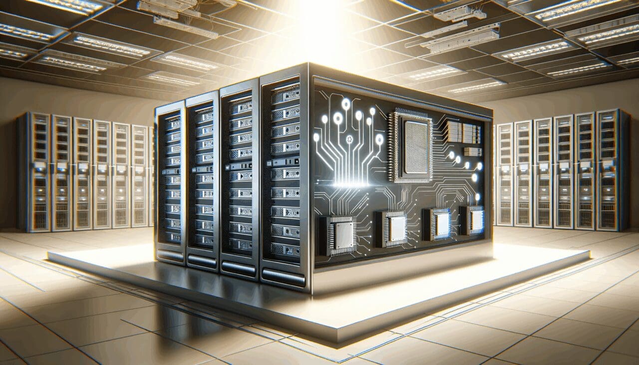 Ilustración digital de servidores y chips de inteligencia artificial en un entorno empresarial moderno.