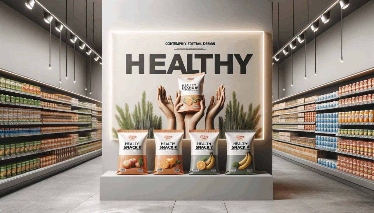Paquetes de snacks saludables en un estante de supermercado moderno
