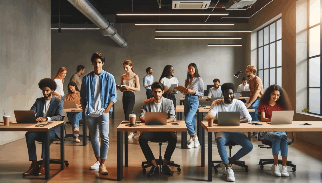 Grupos de jóvenes emprendedores trabajando en un espacio de coworking moderno en Ciudad de México.