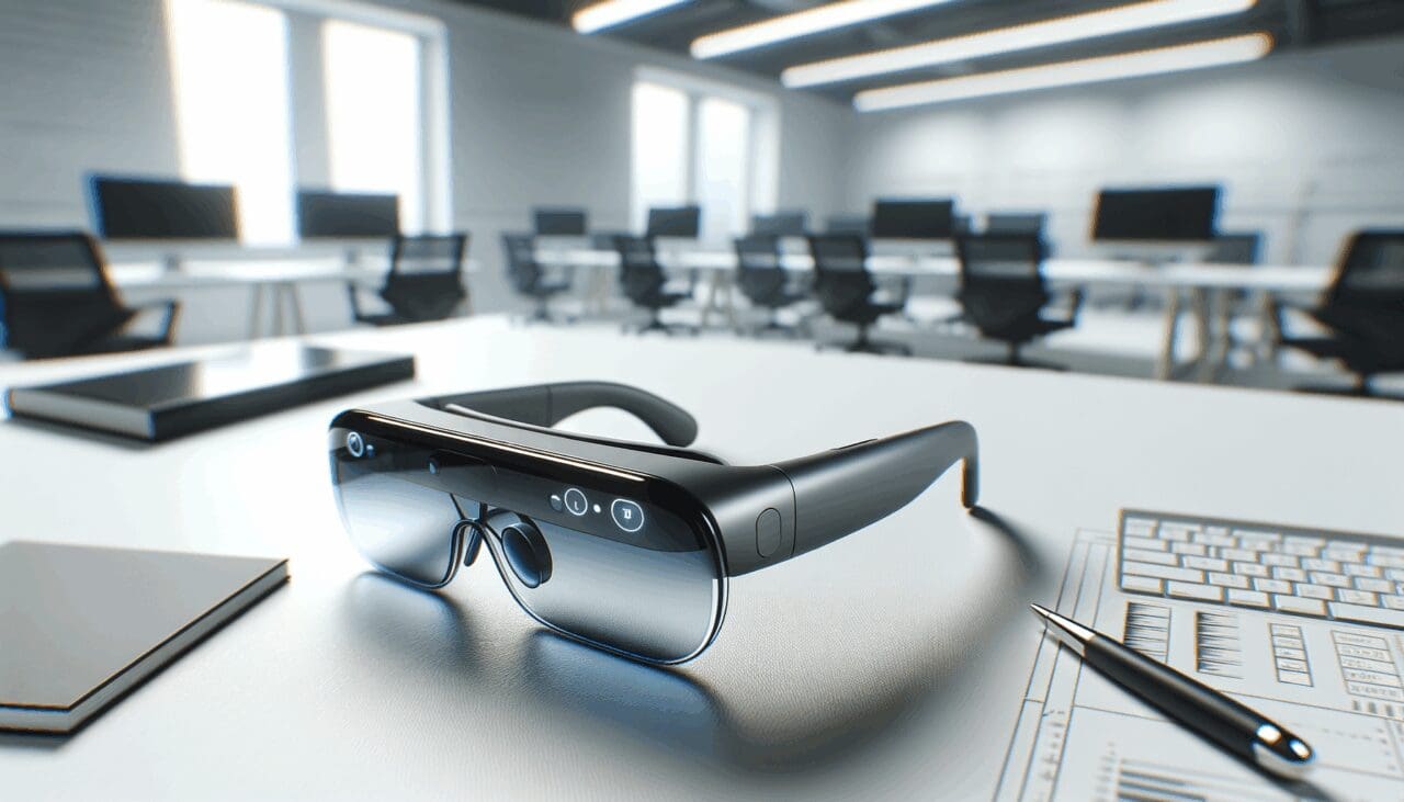 Primer plano de unas gafas inteligentes de realidad aumentada sobre una mesa de trabajo tecnológica, con fondo desenfocado.