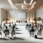 Fotografía interior luminosa de un evento corporativo con emprendedores presentando proyectos en un auditorio moderno.