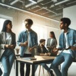 Emprendedores jóvenes colaborando en un espacio de trabajo tecnológico iluminado y moderno.