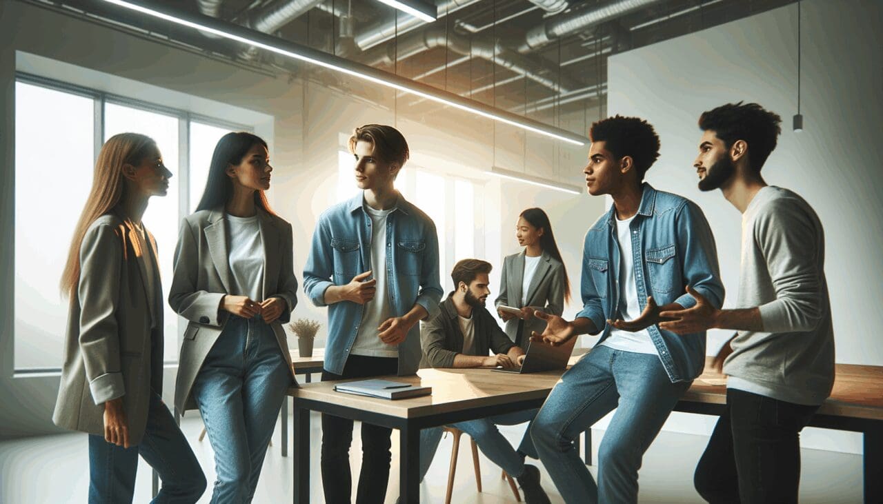 Emprendedores jóvenes colaborando en un espacio de trabajo tecnológico iluminado y moderno.