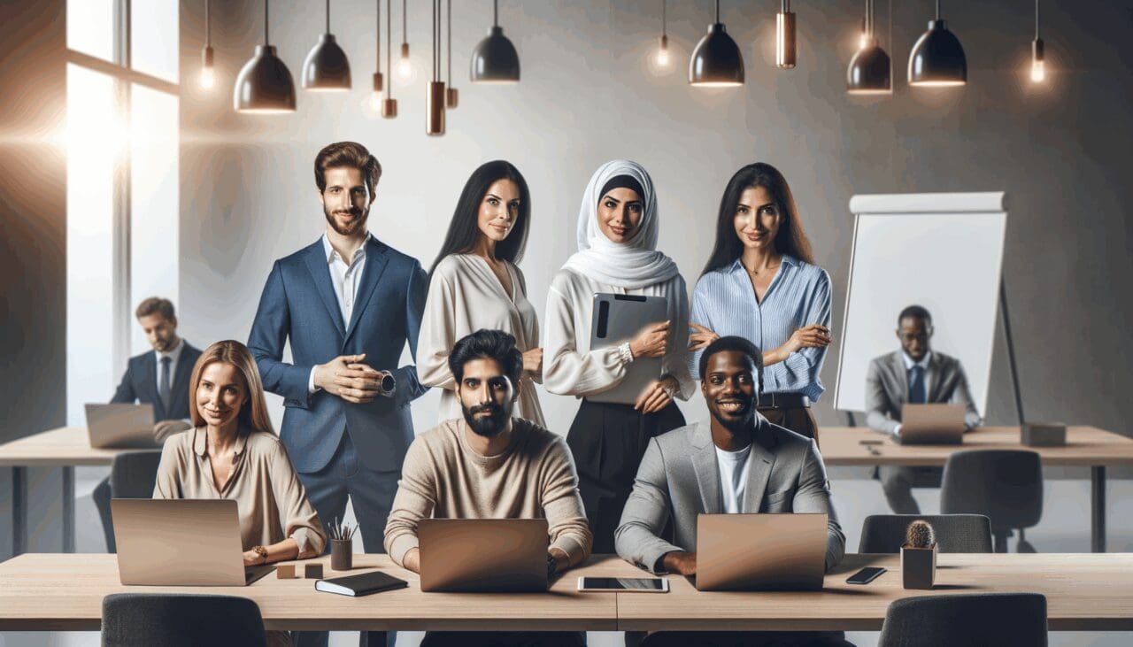 Grupo diverso de emprendedores reunidos en un espacio de coworking tecnológico, laptops y pizarras visibles.