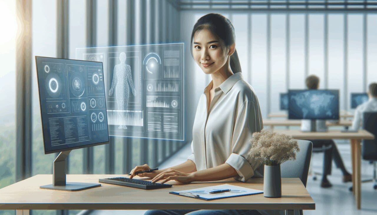 Retrato moderno de un ingeniero trabajando en inteligencia artificial con pantallas de datos en un espacio de oficina iluminado.