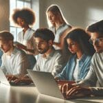 Grupo diverso de jóvenes emprendedores trabajando con laptops en una oficina moderna y luminosa.