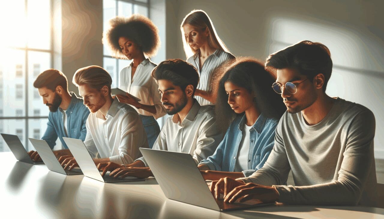 Grupo diverso de jóvenes emprendedores trabajando con laptops en una oficina moderna y luminosa.