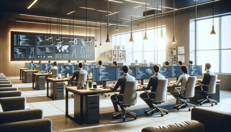 Programadores trabajando en una oficina moderna rodeada de tecnología avanzada.