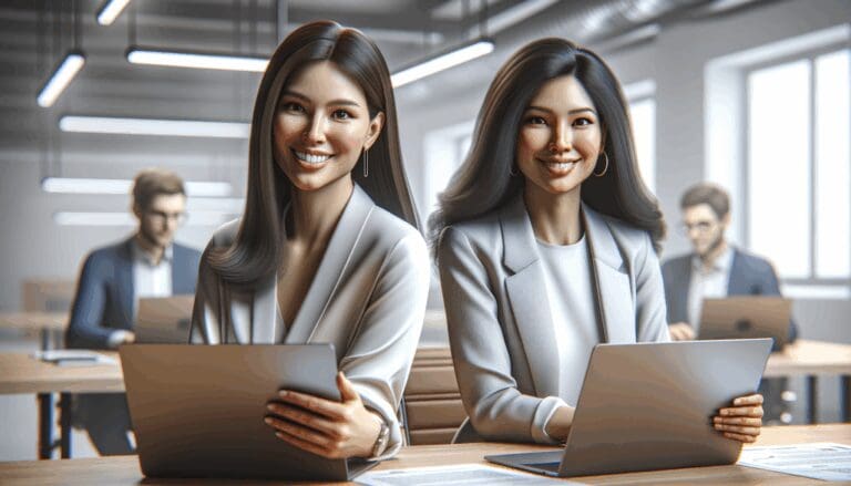 Retrato de dos mujeres profesionales sonrientes en un espacio moderno de coworking, laptops y ambiente colaborativo.