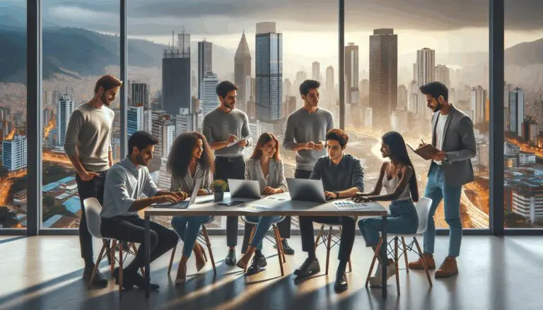Jóvenes emprendedores colaborando en un moderno espacio de coworking con vista urbana a Medellín