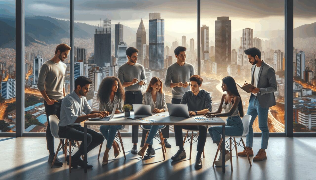 Jóvenes emprendedores colaborando en un moderno espacio de coworking con vista urbana a Medellín