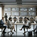 Oficina moderna con emprendedores trabajando en laptops y pantallas de software en paredes.