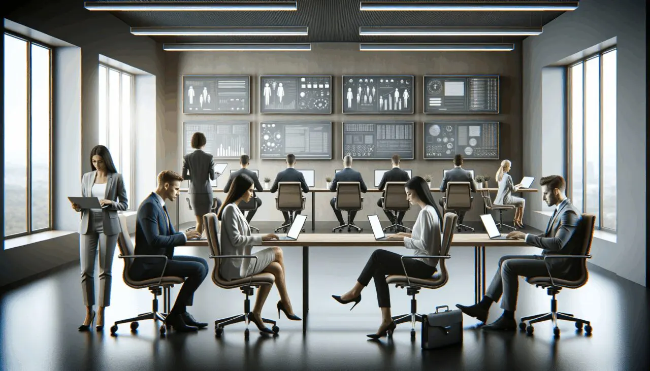 Oficina moderna con emprendedores trabajando en laptops y pantallas de software en paredes.