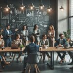 Grupo diverso de emprendedores y profesionales debatiendo en un espacio moderno de trabajo, con pizarras y material tecnológico.