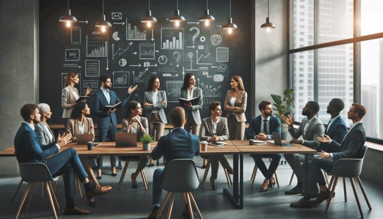 Grupo diverso de emprendedores y profesionales debatiendo en un espacio moderno de trabajo, con pizarras y material tecnológico.