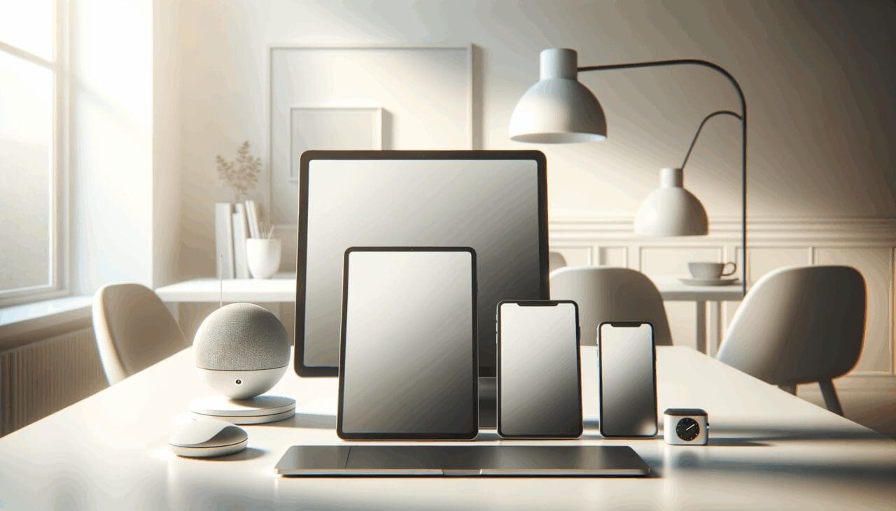 Primer plano de dispositivos tecnológicos minimalistas sobre una mesa blanca en ambiente moderno.