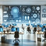 Ilustración de una startup tecnológica con pantallas de datos e inteligencia artificial en un entorno moderno.