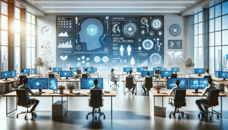 Ilustración de una startup tecnológica con pantallas de datos e inteligencia artificial en un entorno moderno.