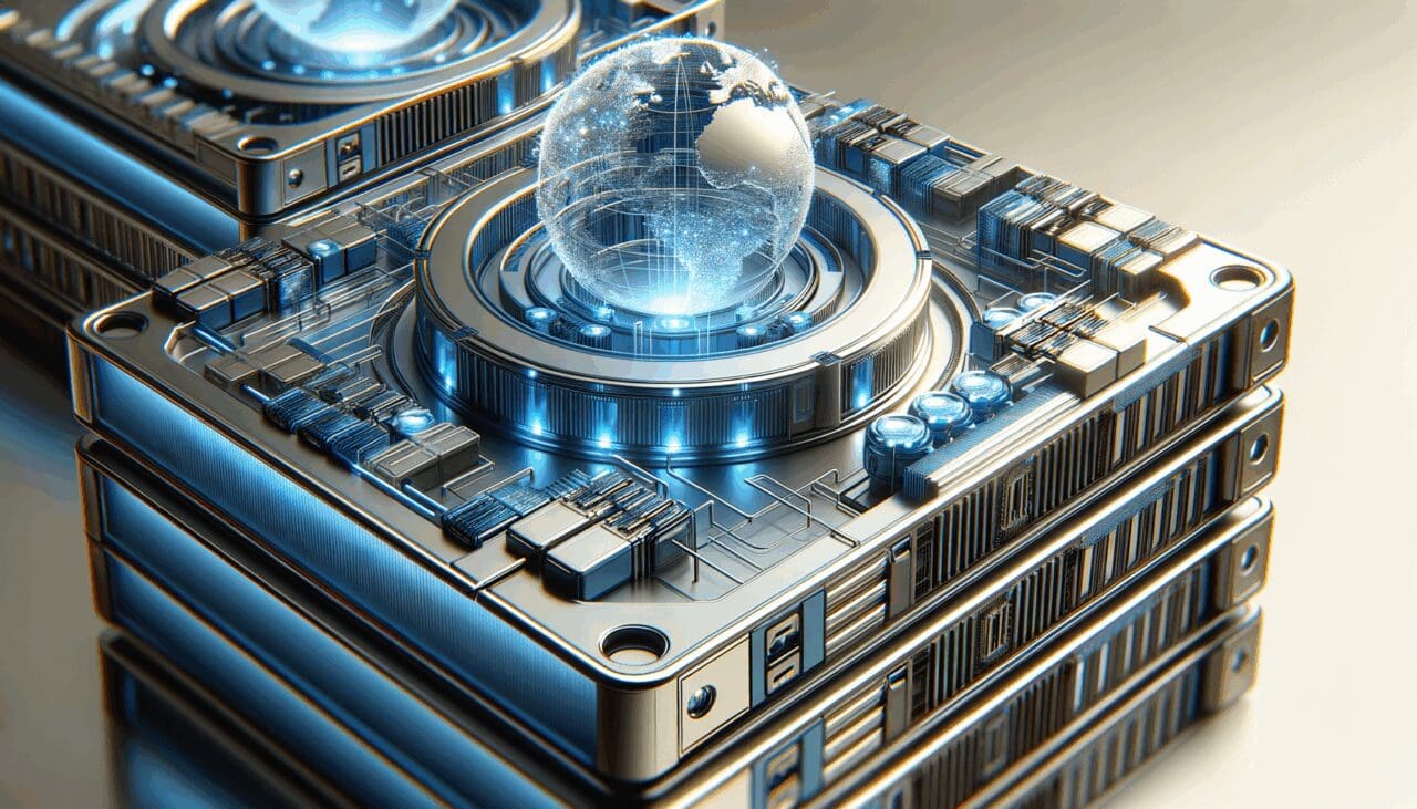 Primer plano abstracto de servidores tecnológicos iluminados en tonos azules y plateados, transmitiendo innovación y tecnología.