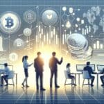 Gráfica digital que muestra startups tecnológicas analizando datos financieros cripto en un entorno moderno.