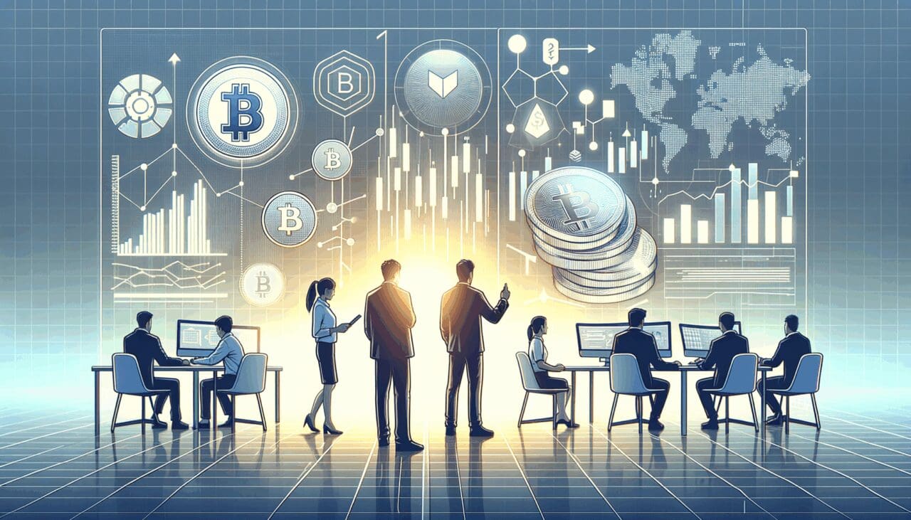 Gráfica digital que muestra startups tecnológicas analizando datos financieros cripto en un entorno moderno.