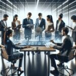 Equipo de emprendedores revisando gráficos digitales y soluciones tecnológicas en una oficina moderna.