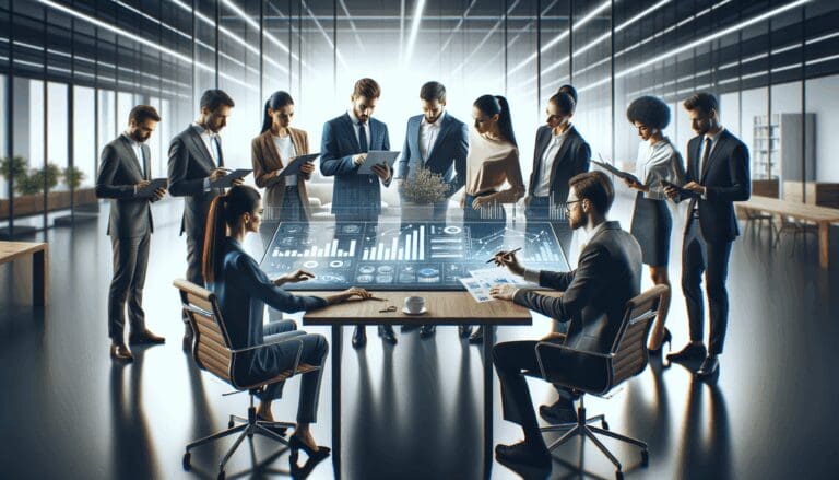 Equipo de emprendedores revisando gráficos digitales y soluciones tecnológicas en una oficina moderna.