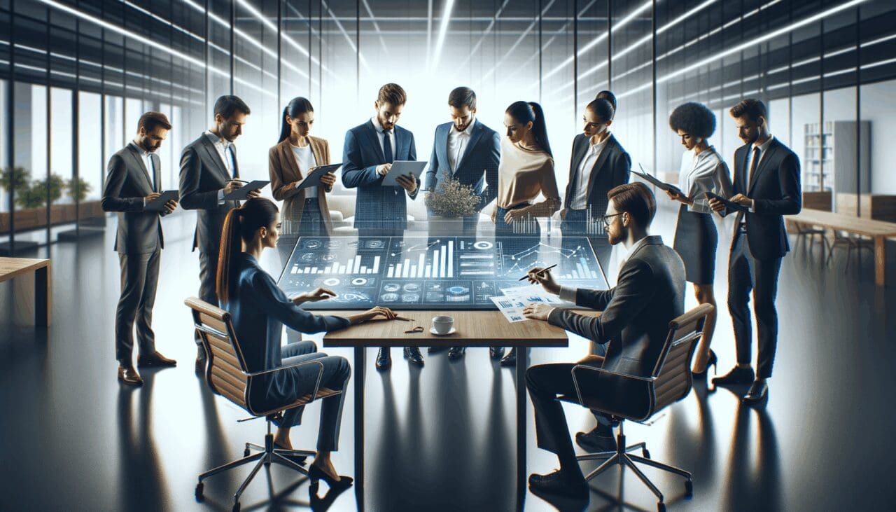 Equipo de emprendedores revisando gráficos digitales y soluciones tecnológicas en una oficina moderna.