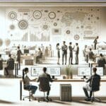 Sala de trabajo moderna con profesionales colaborando en tecnología, computadores y pantallas, ambiente innovador.