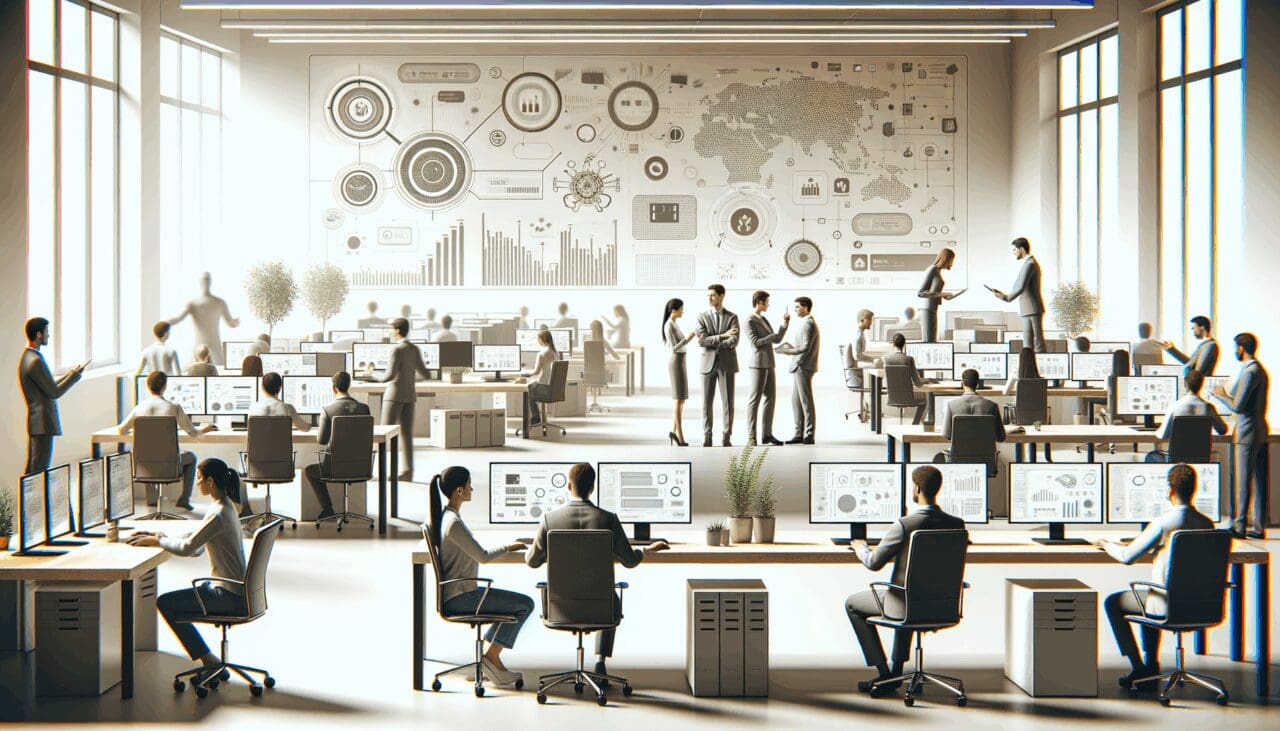 Sala de trabajo moderna con profesionales colaborando en tecnología, computadores y pantallas, ambiente innovador.