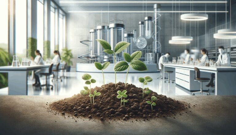 Primer plano de plantas creciendo en suelo fértil, fondo difuminado con laboratorio moderno.