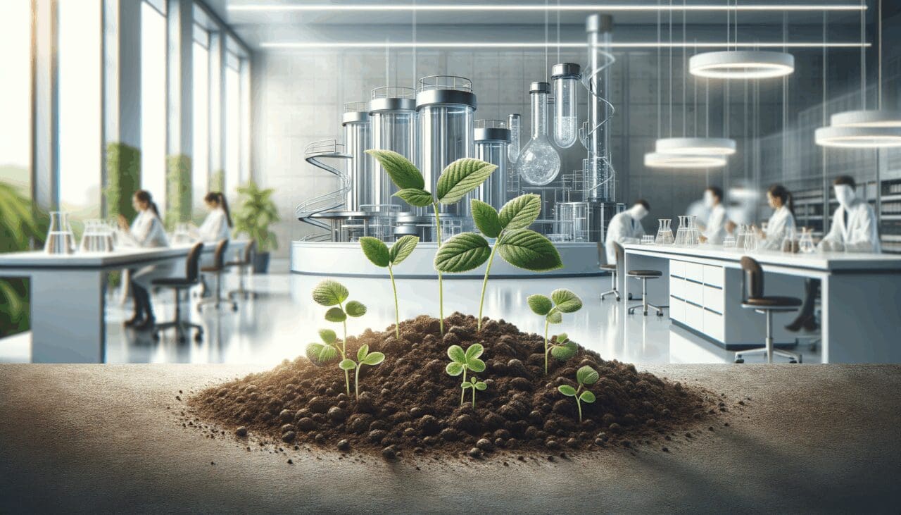 Primer plano de plantas creciendo en suelo fértil, fondo difuminado con laboratorio moderno.