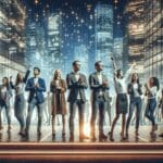 Emprendedores celebrando en un moderno escenario de evento tecnológico, fondo urbano iluminado.