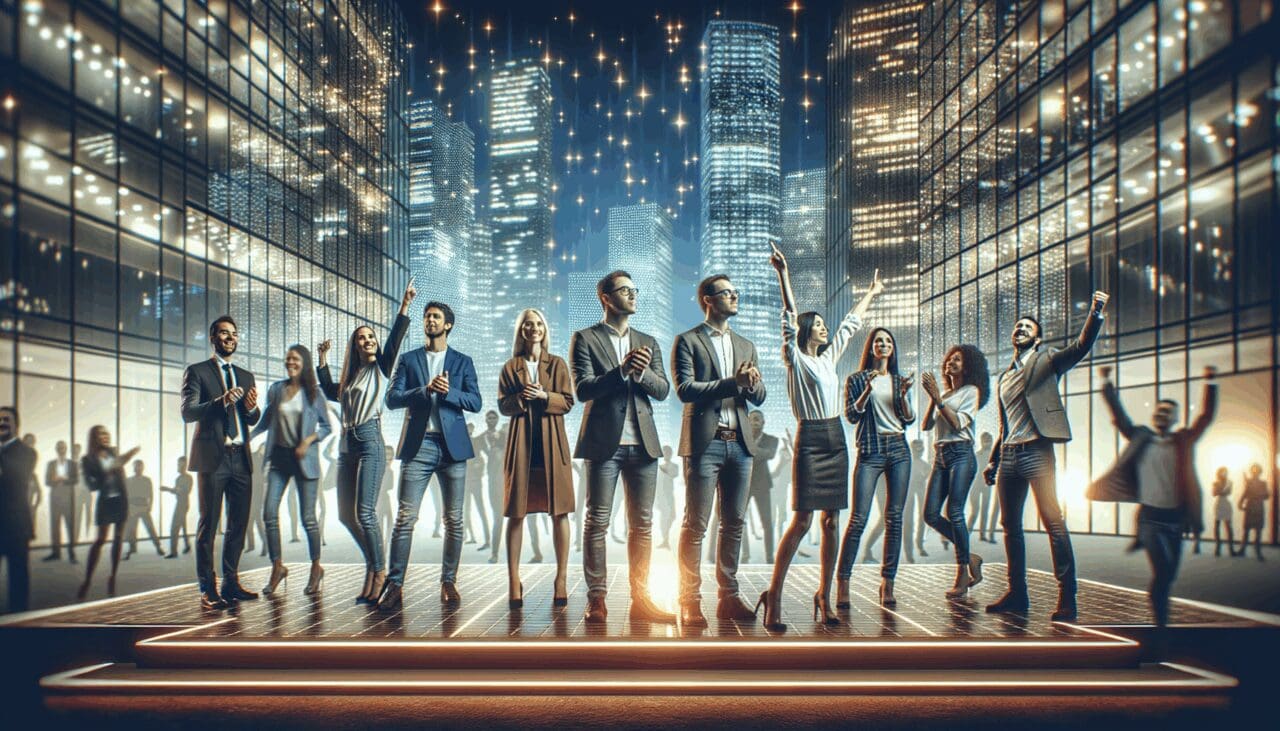 Emprendedores celebrando en un moderno escenario de evento tecnológico, fondo urbano iluminado.