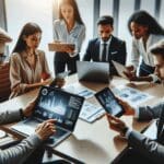 Grupo diverso de emprendedores revisando laptops y tablets en una oficina moderna, con un enfoque en pantallas digitales con gráficos financieros.