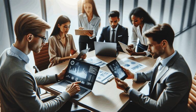 Grupo diverso de emprendedores revisando laptops y tablets en una oficina moderna, con un enfoque en pantallas digitales con gráficos financieros.