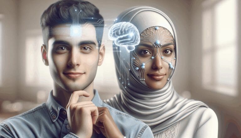 Primer plano de dos personas conectadas mediante sensores neuronales en un entorno tecnológico moderno.