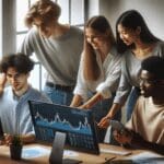 Personas jóvenes colaborando en un espacio de coworking con pantallas mostrando gráficos financieros digitales.