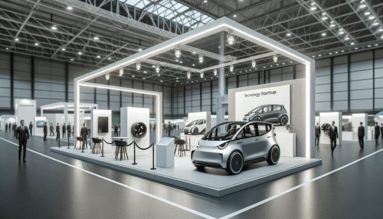 Espacio expositivo moderno con stands de startups tecnológicas y prototipos de vehículos eléctricos en un ambiente internacional.