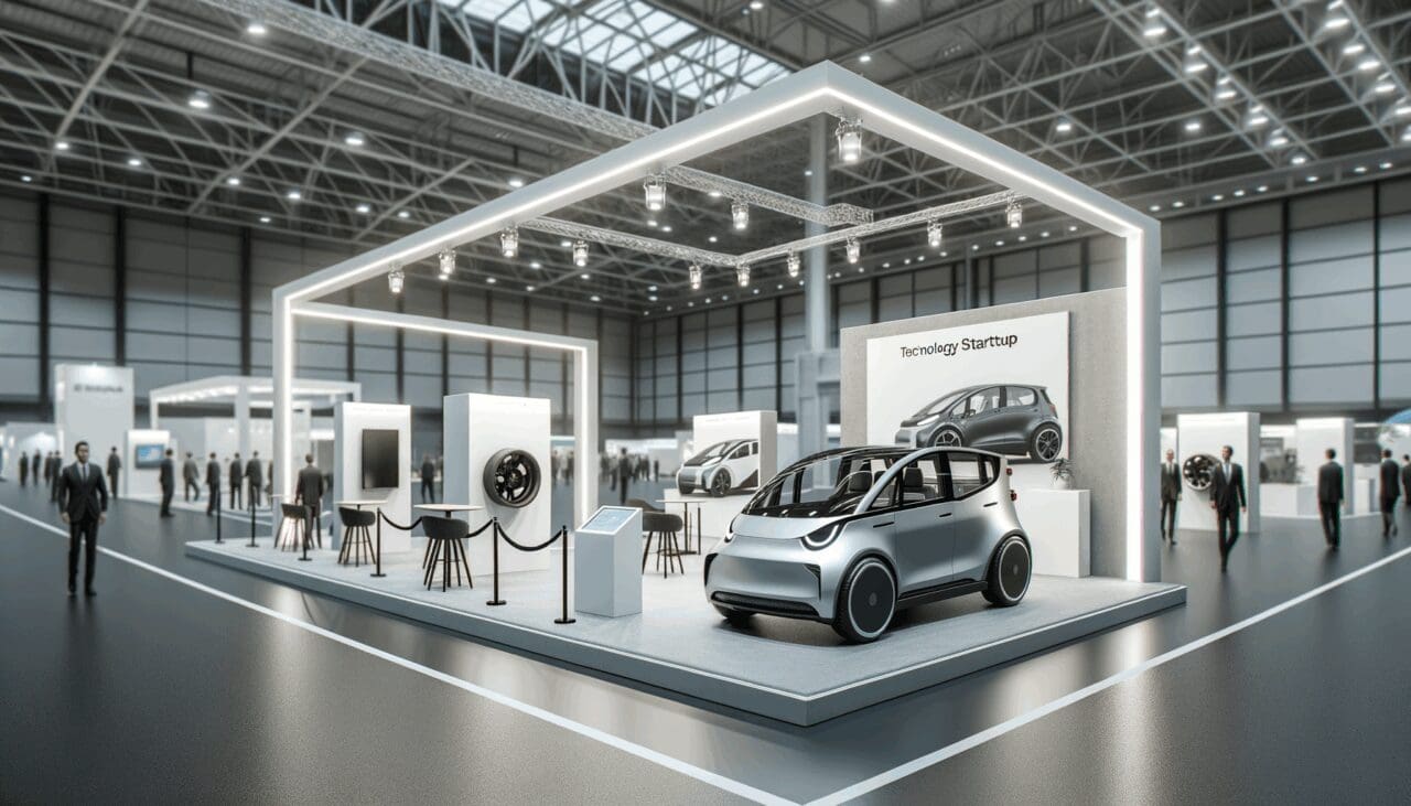 Espacio expositivo moderno con stands de startups tecnológicas y prototipos de vehículos eléctricos en un ambiente internacional.