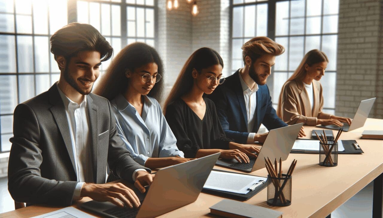 Emprendedores jóvenes trabajando en laptops en un espacio moderno y luminoso de coworking.