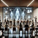 Una sala de reuniones moderna con personas interactuando con pantallas holográficas y avatares digitales.