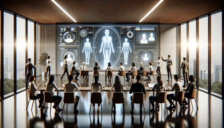 Una sala de reuniones moderna con personas interactuando con pantallas holográficas y avatares digitales.