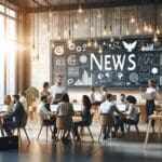 Emprendedores reunidos en un espacio de coworking con laptops y pizarras tecnológicas.